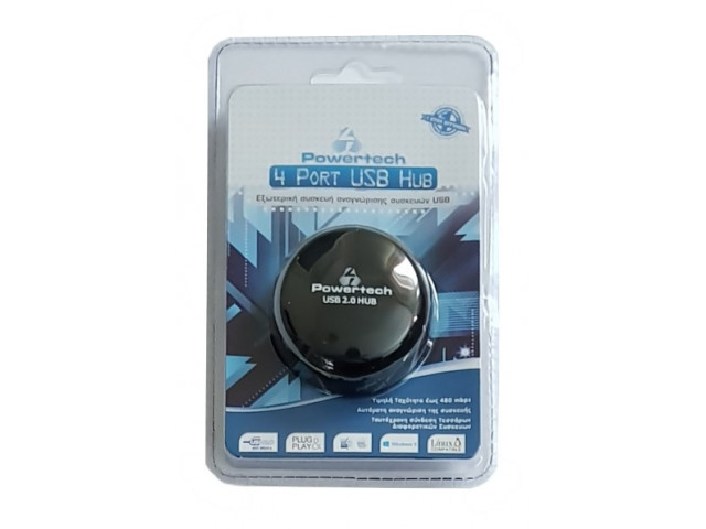 POWERTECH USB 2.0 Hub PT-166, 4 θύρες, μαύρο